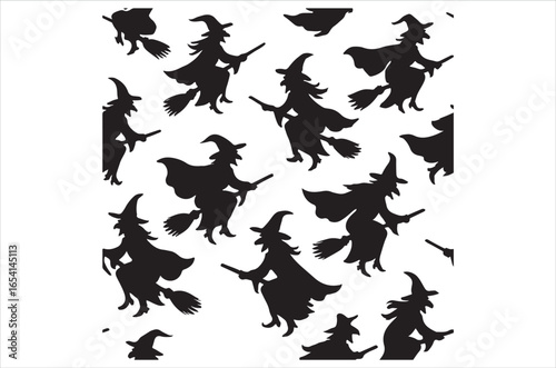Set of black Halloween silhouettes. Collection of Halloween themed items in black bold graphic style with witches, pumpkins, scary characters. Vector illustration isolated on white background.