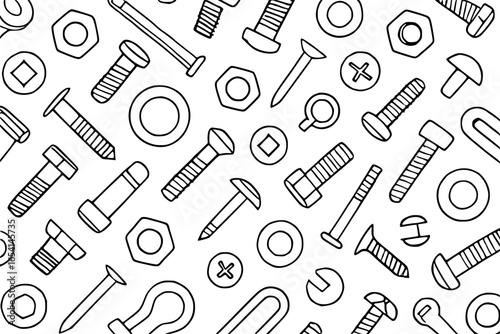 Line art pattern of bolts, nuts, and screws on transparent background