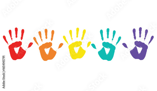 Colorful Handprints on White Background Representing Diversity Inclusion Childhood Art and Community Involvement with Orange Yellow and Teal Hand Prints