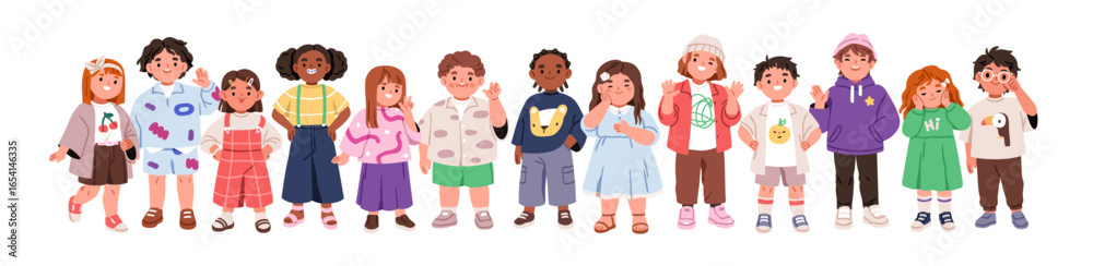 Kids group in row. Diverse happy children standing together in line. Cute kindergarten preschool boys and girls smiling. Little child characters. Flat vector illustration isolated on white background Kids group in row. Diverse happy children standing together in line. Cute kindergarten preschool boys and girls smiling. Little child characters. Flat vector illustration isolated on white background