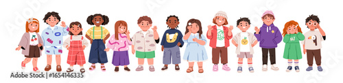 Kids group in row. Diverse happy children standing together in line. Cute kindergarten preschool boys and girls smiling. Little child characters. Flat vector illustration isolated on white background