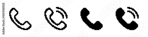 Phone pixel icons set. Telephone call, contact us symbol collection. Pixel art.