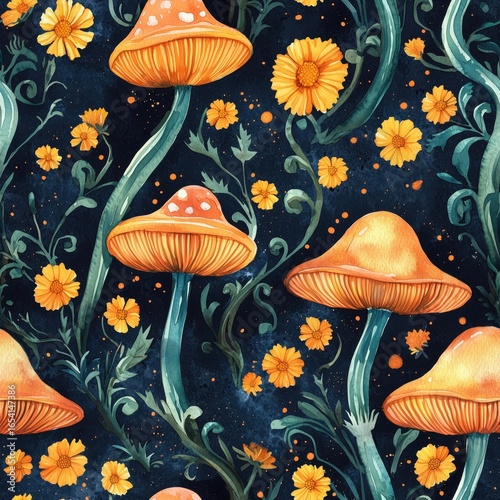 Abstract watercolor seamless pattern mushrooms topped with coral caps, surrounded by swirling orange vines and bursts of mustard yellow marigolds, grounded on deep navy background