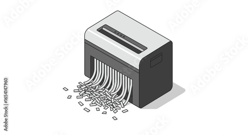 A gray and white shredder is depicted in an isometric style with shredded paper