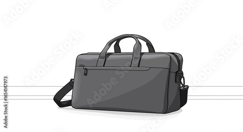 A gray briefcase with a shoulder strap rests on a white surface