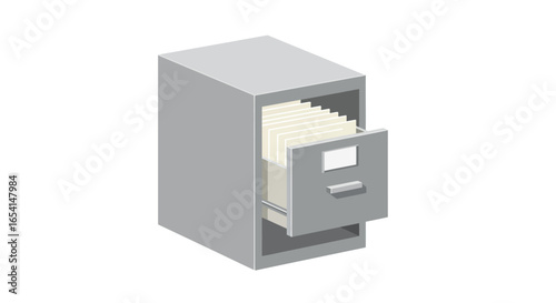 A gray filing cabinet with an open drawer filled with documents