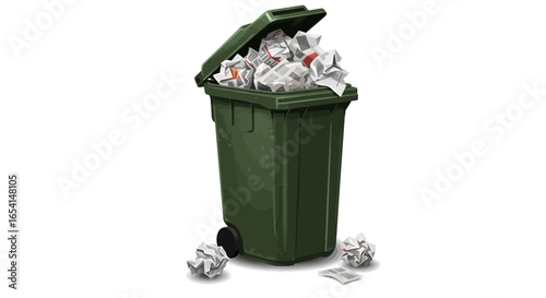 A green trash bin overflowing with crumpled papers sits with its lid open more discarded paper scatters around its base