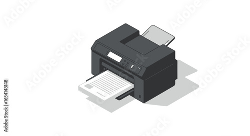A printer is shown ejecting a page of text casting a shadow on a white background