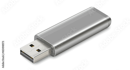 A silver USB flash drive on a white background