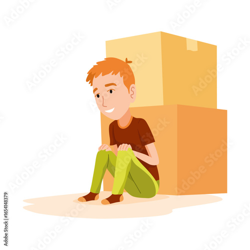 Kid playing hide and seek. Playing game outdoor in summer vacations. Boy having fun outdoors, summer playtime. Vector cartoon illustration