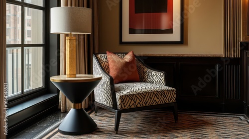 Art Deco-inspired reading corner with geometric patterns, luxurious materials, a unique chair design, and elegant lighting
