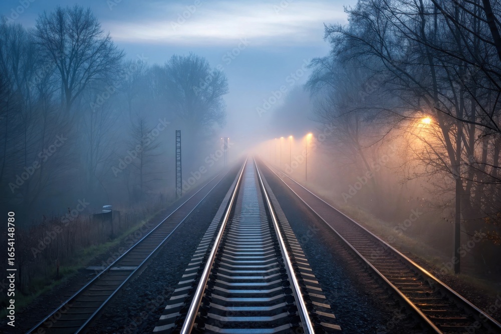 Fototapeta premium Misty railway tracks with glowing lamps image