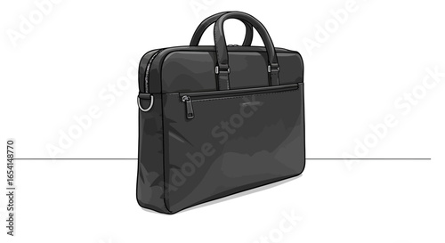 Grayshaded briefcase with a top handle  front pocket stands on a surface in a brightly lit setting