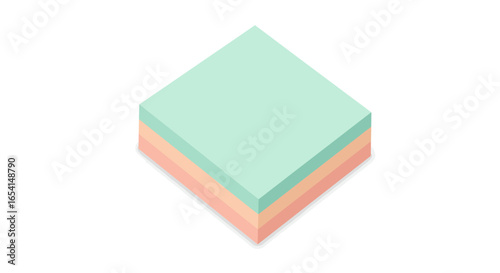 Isometric stack mintgreen top layer over tan and salmonpink casts faint shadow