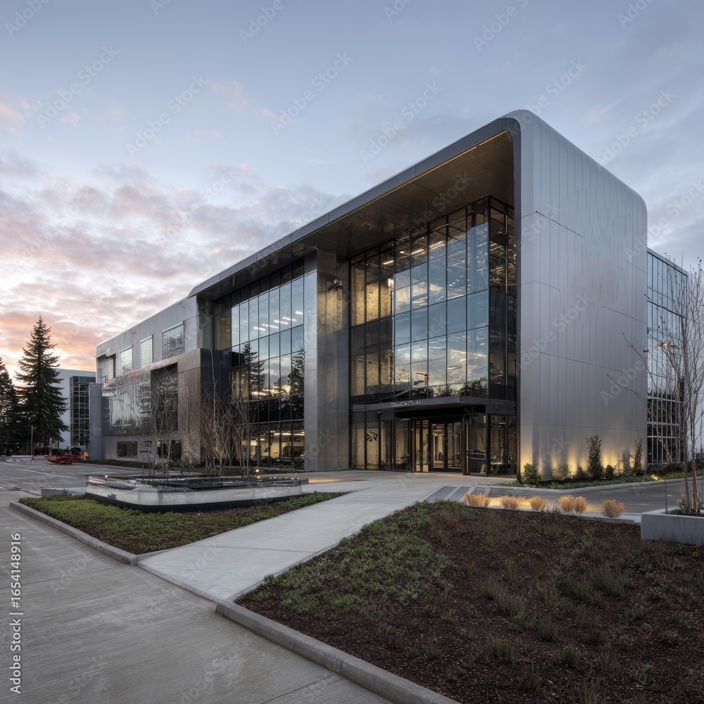 Obraz premium An modern, sleek, and contemporary office building, with a glass facade. The architectural masterpiece, showcasing a modern design in a photorealistic environment.