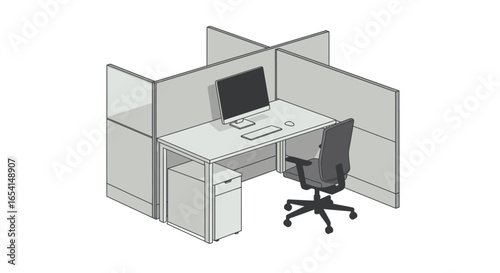 Office cubicle with desk computer chair and storage cabinet