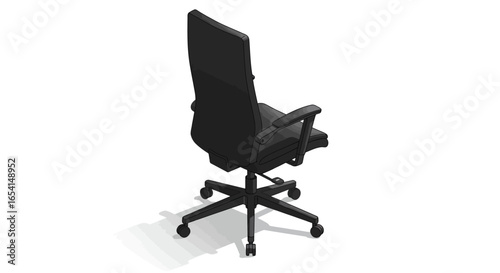 Rear view of a black office chair on wheels set against a plain white background