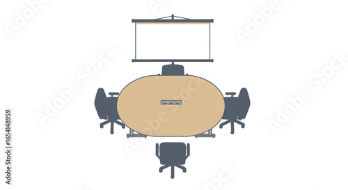Round table projector screen and office chairs arranged for a meeting