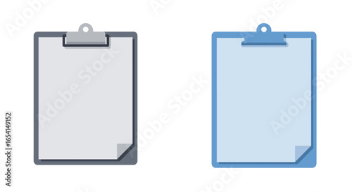Two clipboards each holding blank papers with curled corners one in grayscale the other in various shades of blue
