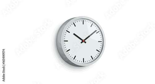 Wall clock gray frame white face black markershands  red second hand showing 1007 casting a shadow