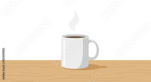 White mug filled with dark liquid steam rising set on a wooden surface against a blank white backdrop