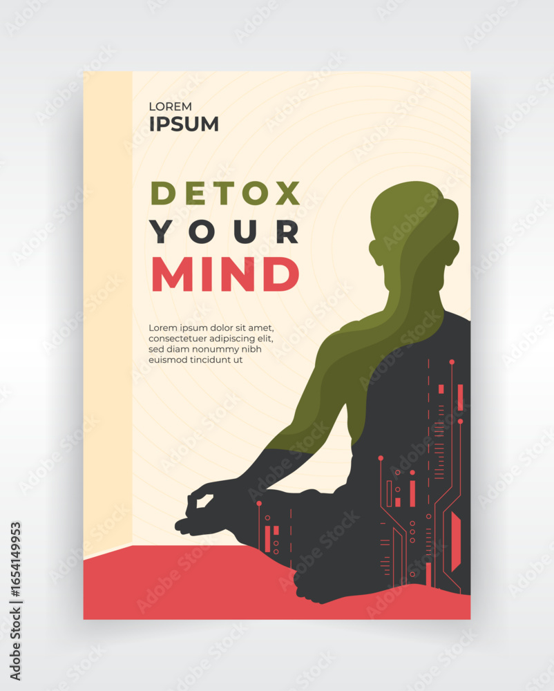 Obraz premium Bold and loud poster, flyer or book cover template for promoting the digital detox concept. Meditating man silhouette and pcb lines illustration