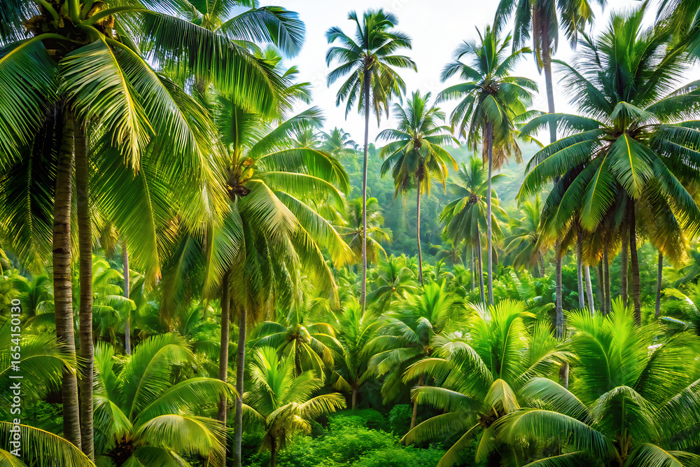 Obraz premium Lush tropical forest with palm trees and green foliage on white background ,PNG.AI Generated.