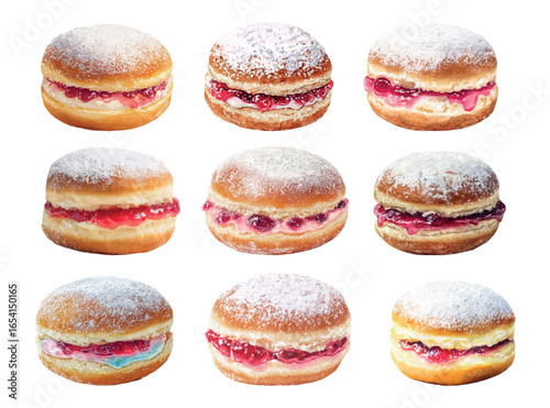 Traditional Jewish Hanukkah donuts. Sweet traditional donuts with filling sprinkled with sugar powder. Traditional Hanukkah sweetness. Happy and sweet Hanukkah in Hebrew. Vector Illustration.