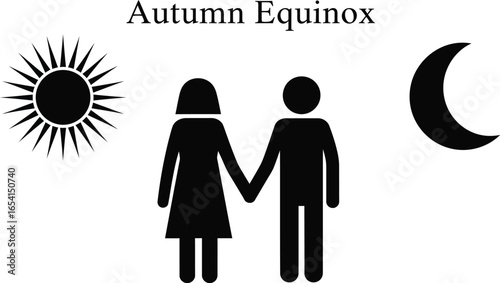 Autumn equinox silhouette with couple holding hands between the sun and moon, symbolizing the balance of day and night