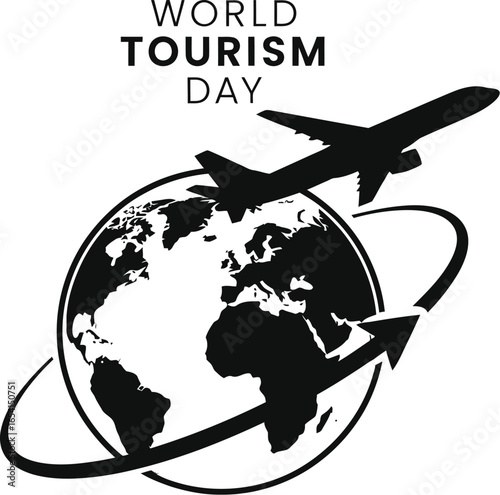 World tourism day illustration with airplane flying around the globe, a symbol of international travel and adventure