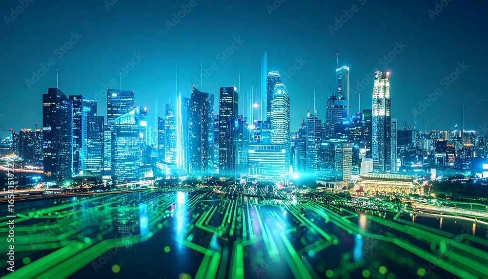 Fototapeta premium Futuristic Cityscape at Night with Digital Network Overlay