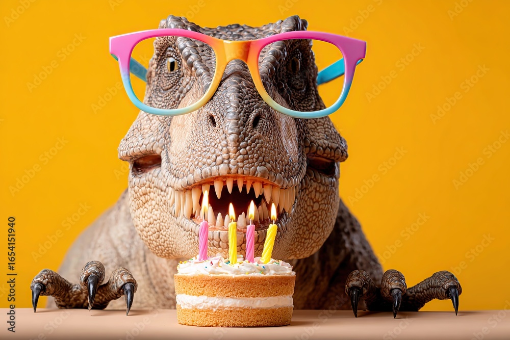 Obraz premium Humorous dinosaur celebration with cake and colorful glasses in studio setting