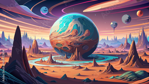 Alien landscape unfolds on HDRI equidistant projection, forming surreal spherical panorama for rendering. Vast alien terrain, mysterious horizons, breathtaking atmosphere, and unique landscape evoke i