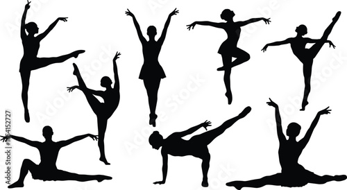 Vector silhouette set of graceful female ballet dancers in dynamic poses for artistic, educational, and creative dance-themed design content