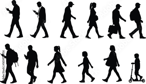 Vector silhouette set of diverse people walking and interacting in daily life for urban, lifestyle, design, and illustration content themes
