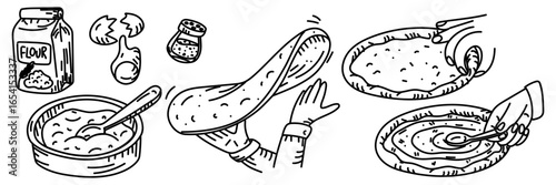 set of steps for making pizza in Doodle style. Ingredients, kneading dough, stretching dough in your hands, forming sides, greasing dough. Engraving, line, doodle monochrome object. Hand drawn