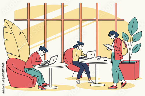 People working on laptops and reading a book in a cafe near a large window with a plant in a pot nearby