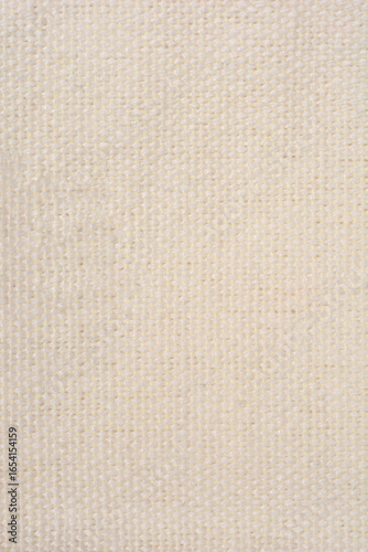 A full-frame, macro shot of a light beige, woven fabric with a visible texture