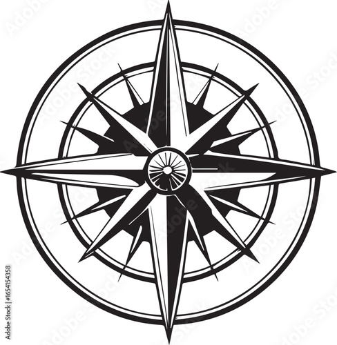 Navigational Guide: An elegant compass rose, a timeless symbol of direction and exploration, exquisitely illustrated in black and white, guides the way forward with unwavering precision.