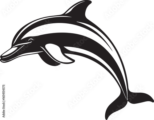 Graceful Dolphin in Motion: A sleek, stylized dolphin gracefully leaps through the ocean, showcasing its streamlined form and dynamic agility in an artistic silhouette.