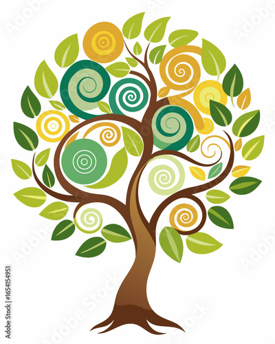 Vibrant stylized tree design with swirling leaves and abstract circles in green and yellow