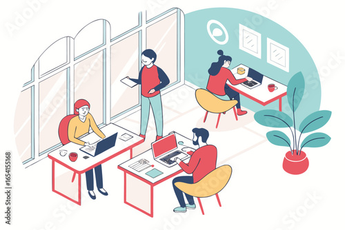Isometric office scene depicting four individuals working on laptops at desks with office plant and decor