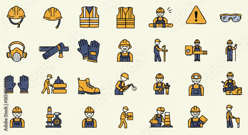 Collection of flat style construction worker icons, including safety equipment, tools, and various worker actions, perfect for construction industry websites or apps.