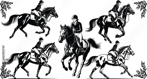 Dynamic Equestrian Rider and Horse Vector Set Featuring Galloping, Jumping, Trotting Poses for Sport, Competition, and Adobe Stock SEO