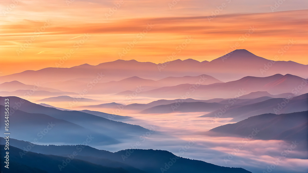 Obraz premium Morning sun breaking through the clouds over a misty mountain landscape