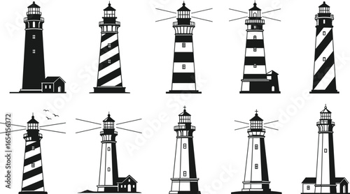 Collection of unique lighthouse silhouettes in various designs and patterns, black coastal nautical maritime vector illustration set for navigation, sea, and beach projects