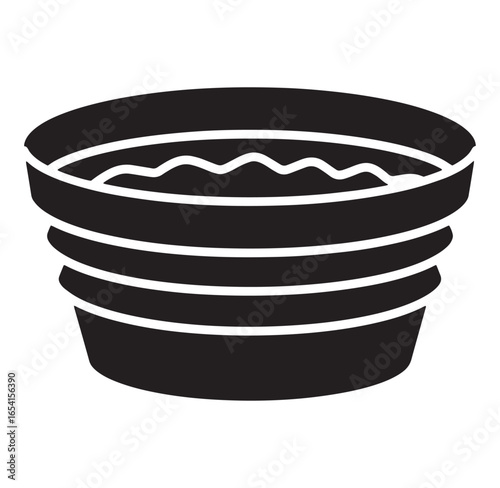 Simple black and white illustration of a water filled collapsible bowl for pet animals