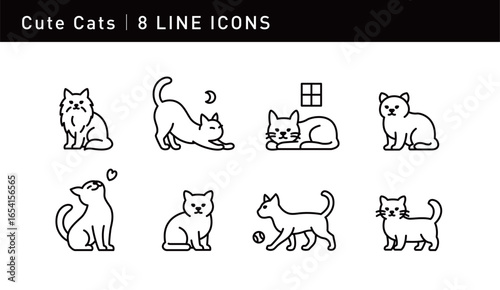 This cat icon set showcases cute poses like sitting, standing, playing, stretching, and resting. Ideal for pet and design, with scalable vectors.