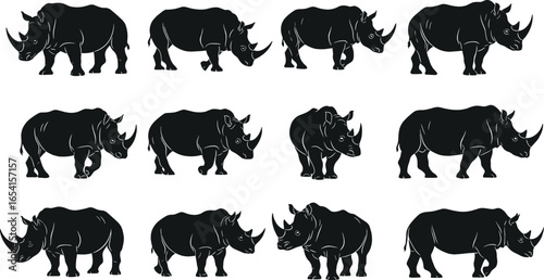 Black rhinoceros silhouettes in multiple standing, walking, and grazing poses, detailed African wildlife animal vector set for nature conservation design projects