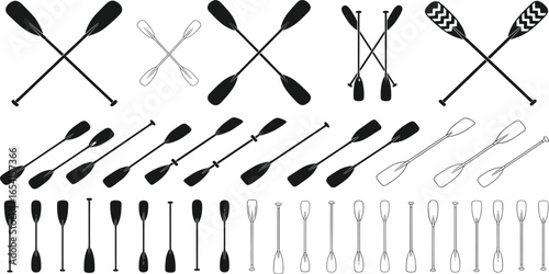 Black and white vector collection of paddles and oars for canoe, kayak, rowing, water sports, boating, and outdoor adventure design